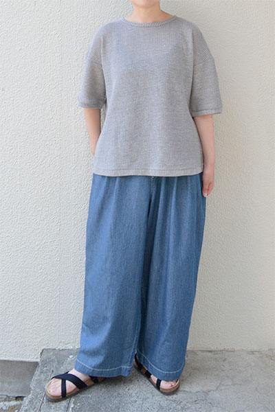 国産リネンダンガリー生地　ワイドパンツ　服作り40年の田舎町仕立屋 国産リネンダンガリー生地 ワイドパンツ 服作り40年の田舎町仕立