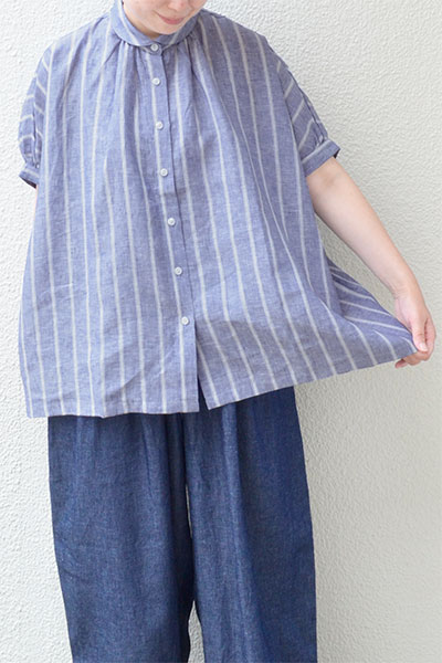 【送料無料】リネンストライプ ワイドギャザーブラウス(ストライプ）