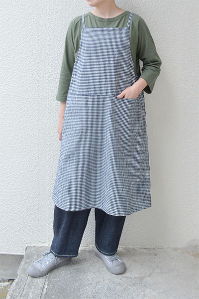 コットンリネンチェック エプロンワンピース - homeworking通販サイト