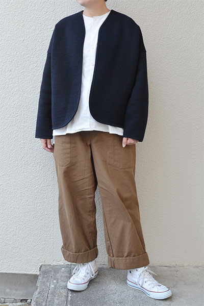 【SALE30％OFF】ウール裏ブークレ パイピングカーディガン(ネイビー）