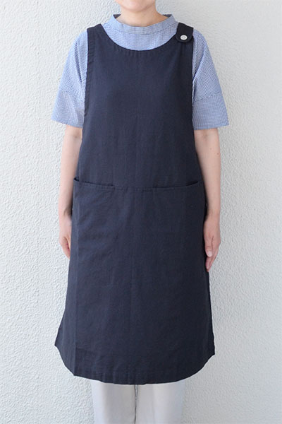 エプロン商会　リネンエプロン かぶりリネンエプロン 綿麻ムラ糸サージ オーバーエプロン(全2色
