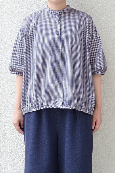 【SALE20%OFF】【メール便送料無料】ローンギンガムチェック パイピング ギャザーブラウス(ネイビー)