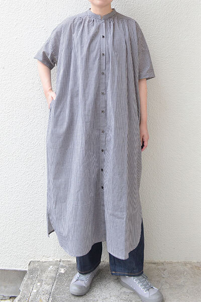 【SALE20%OFF】【送料無料】ローンギンガムチェック ヨークギャザーワンピース(ネイビー）
