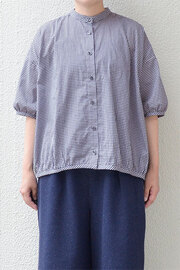 【SALE20%OFF】【メール便送料無料】ローンギンガムチェック パイピング ギャザーブラウス(ネイビー）