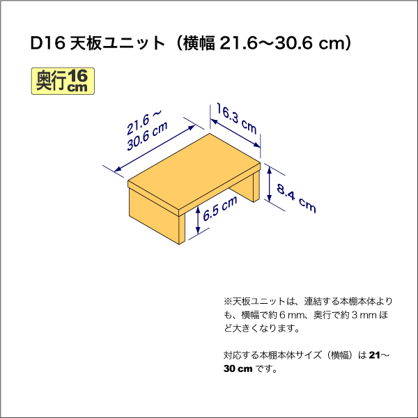 奥行16cmの本棚用天板ユニット　奥行16.3cm／高さ8.4cm／横幅21.6-30.6cm