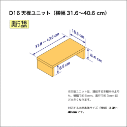 奥行16cmの本棚用天板ユニット　奥行16.3cm／高さ8.4cm／横幅31.6-40.6cm