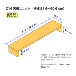 奥行16cmの本棚用天板ユニット　奥行16.3cm／高さ8.4cm／横幅81.6-90.6cm