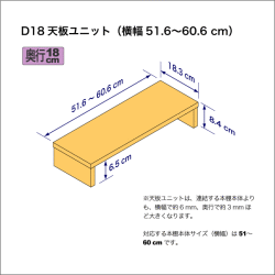 奥行18cmの棚用天板ユニット　奥行18.3cm／高さ8.4cm／横幅51.6-60.6cm