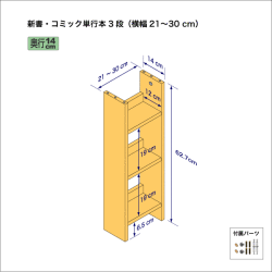 新書・コミック本用本棚（３段）　奥行14cm／高さ62.7cm／横幅21-30cm