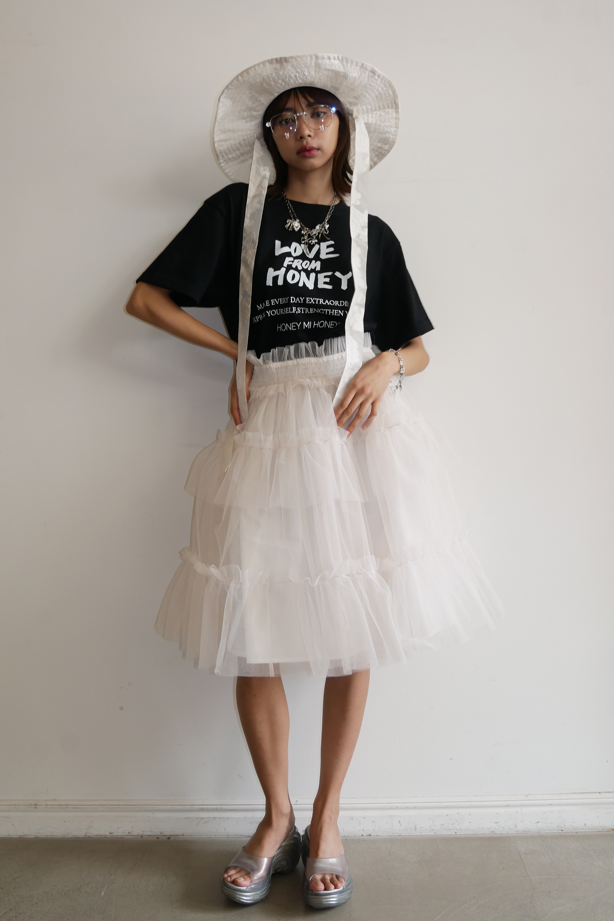 【HONEY MI HONEY】tulle frill camisole 新品 HONEY MI HONEY｜tulle tiered tunic camisole