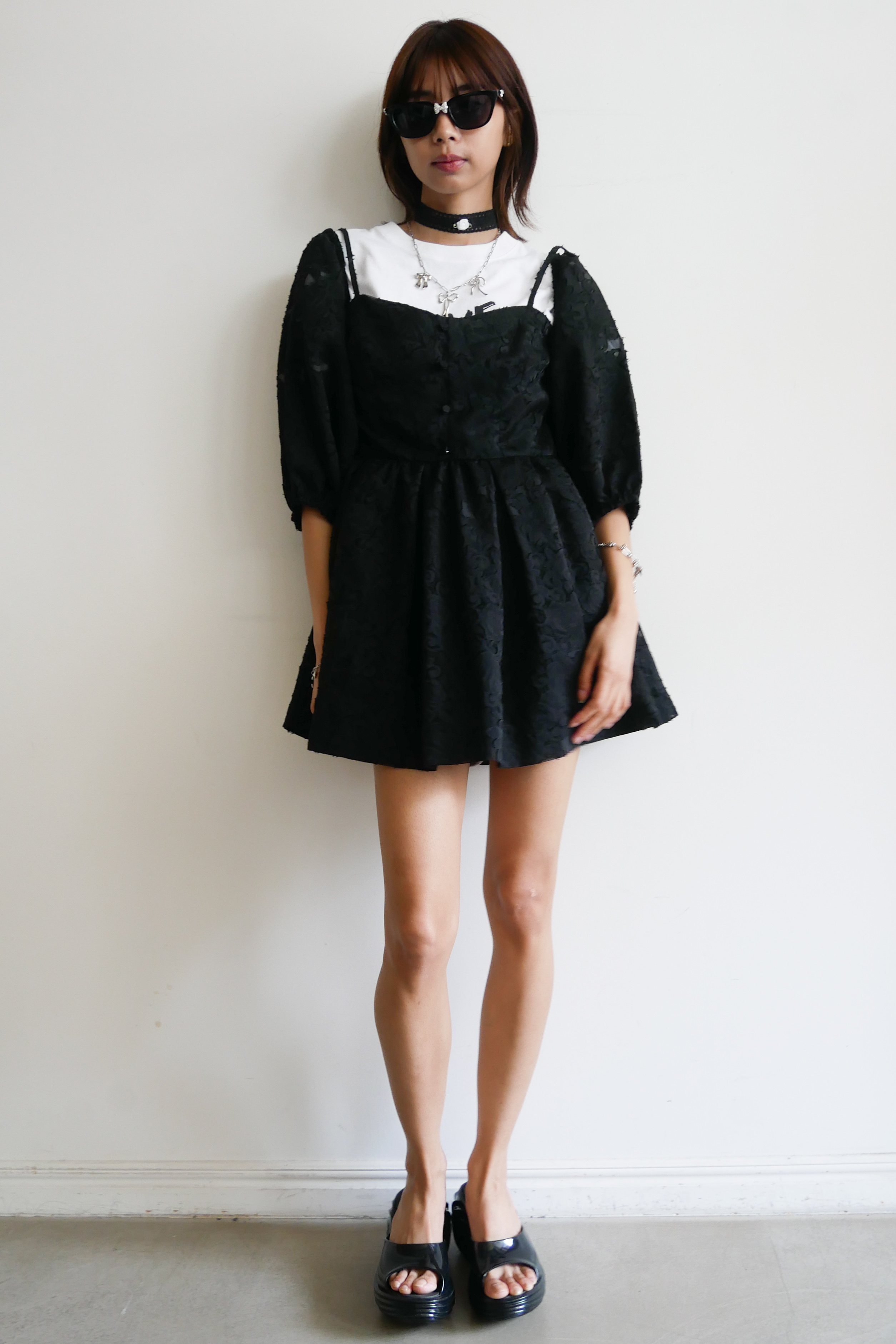 Honey Mew アーガイル柄 ブラックミニドレス rose jacquard puff tunic | HONEY MI HONEY
