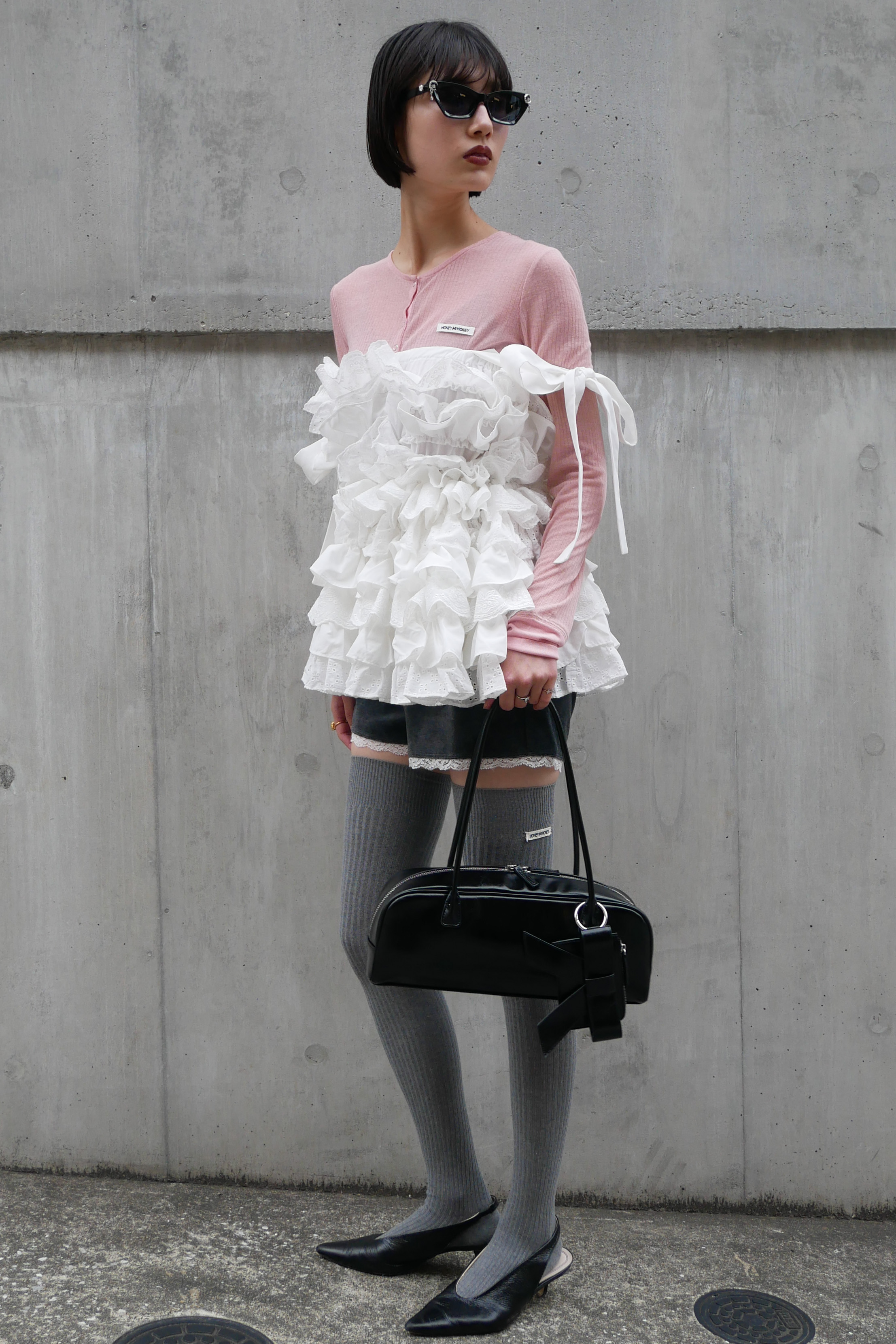 HONEY MI HONEY】sheer teleco henley neck tops HONEY.MALL