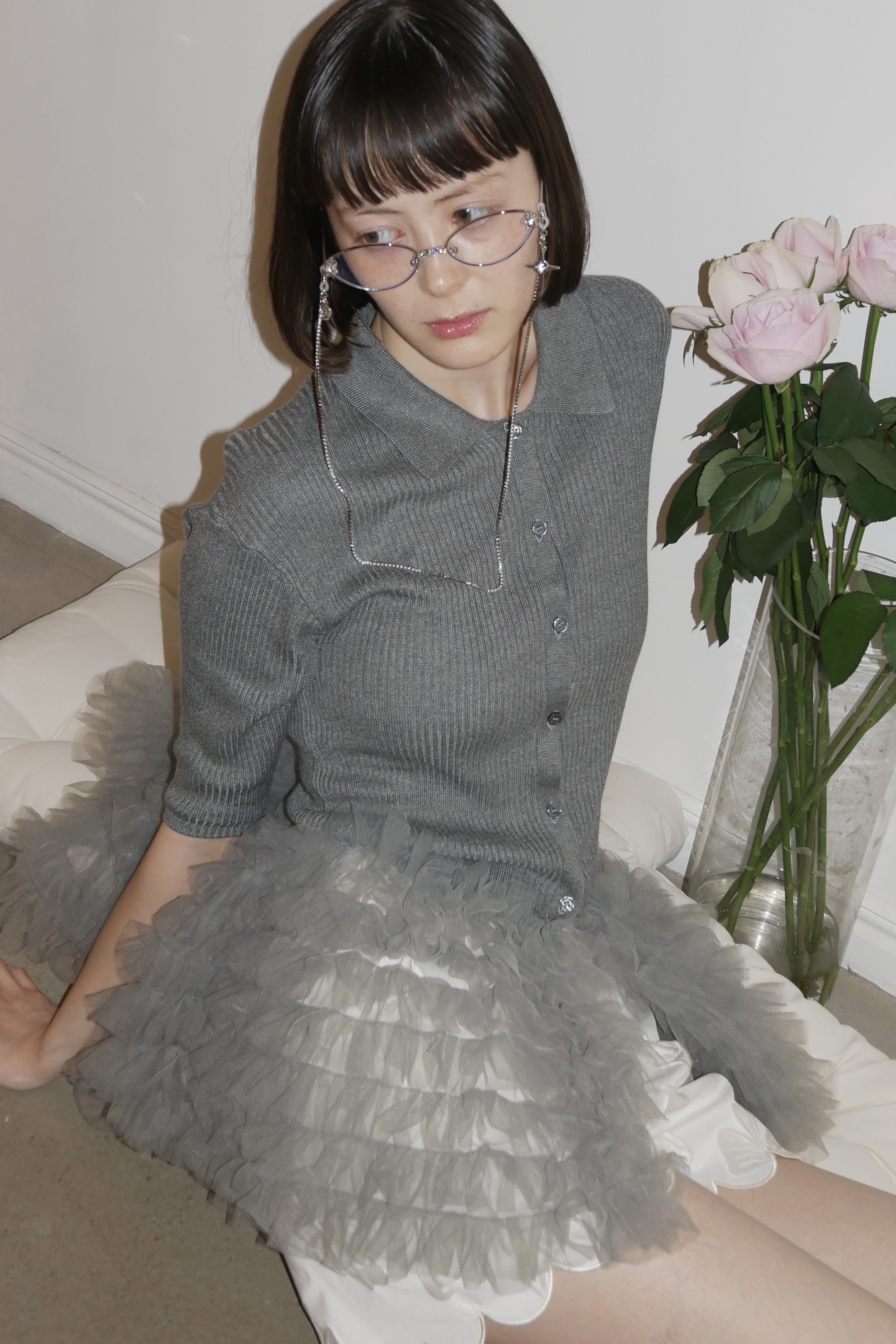 【HONEY MI HONEY】tulle peplum short sleeve cardigan