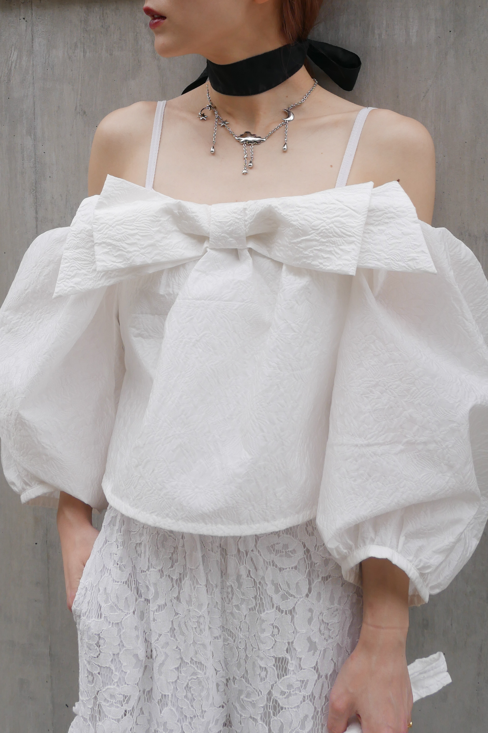 jacquard ribbon puff blouse | HONEY MI HONEY