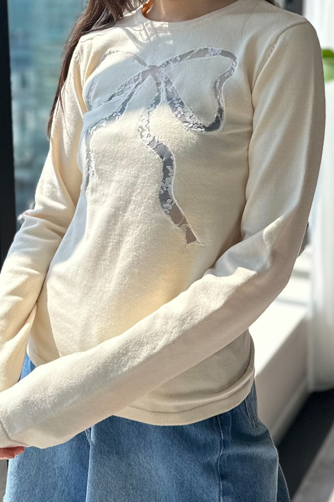 【HONEY MI HONEY】lace ribbon knit tops