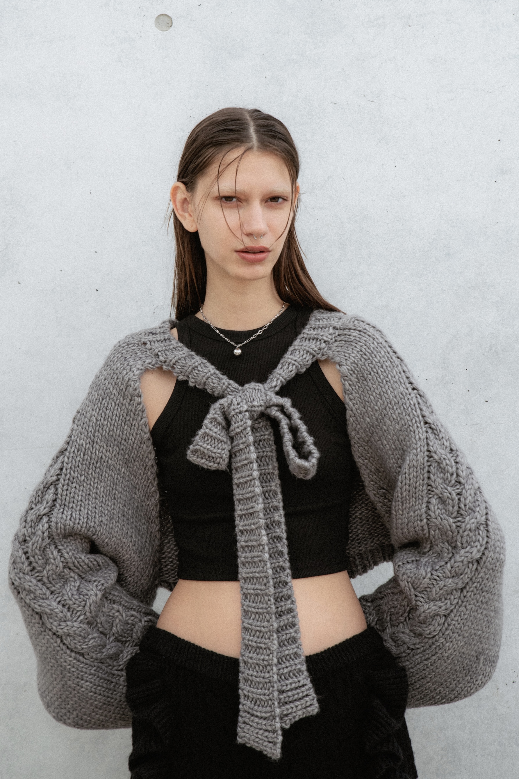 【HONEY MI HONEY】cable knit ribbon bolero