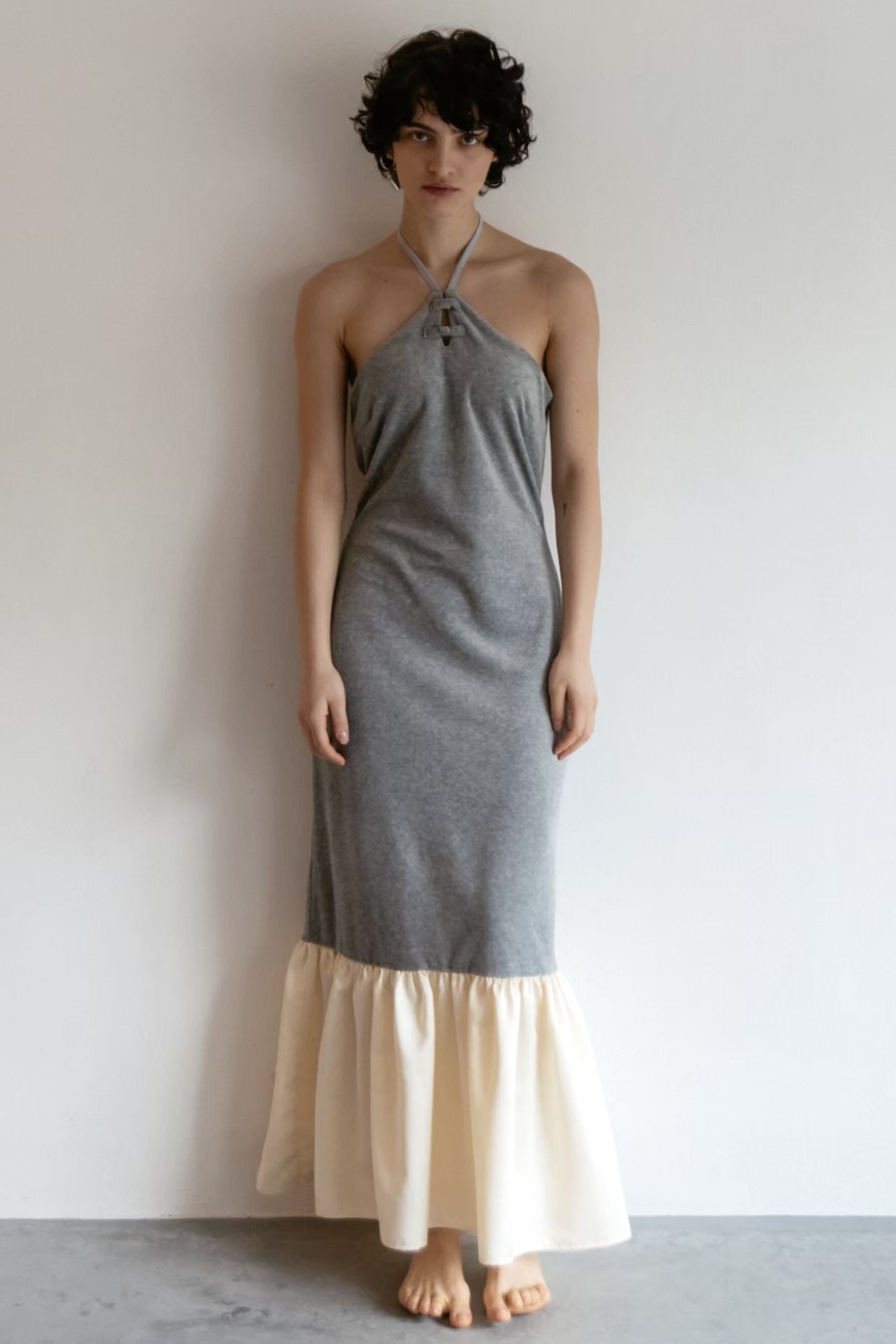 【HONEY MI HONEY】velour ribbon halter neck one-piece