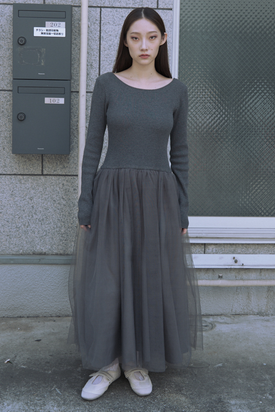 ワンピース HONEY MI HONEY HONEY MI HONEY｜リブニットボリュームチュールワンピース｜異素材