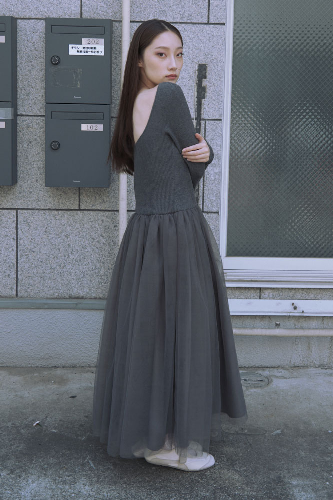 honey mi honey ハニーミーハニー チュールワンピース HONEY MI HONEY｜リブニットボリュームチュールワンピース｜異素材