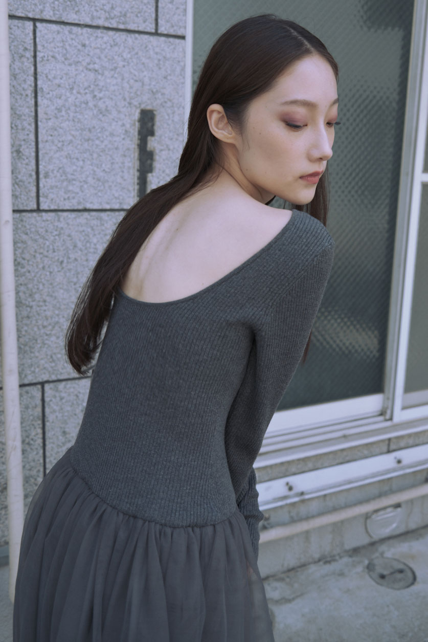 HONEY MI HONEY｜リブニットボリュームチュールワンピース｜異素材