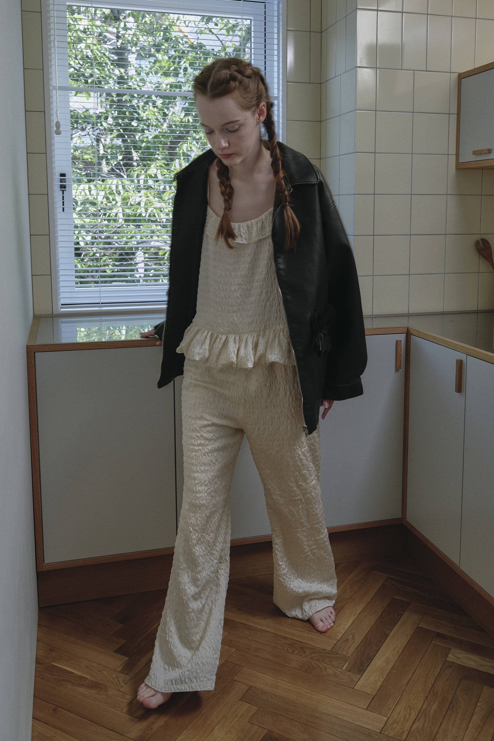 HONEY MI HONEY｜フリルポケットレザーライクブルゾン｜甘さと大人っぽ