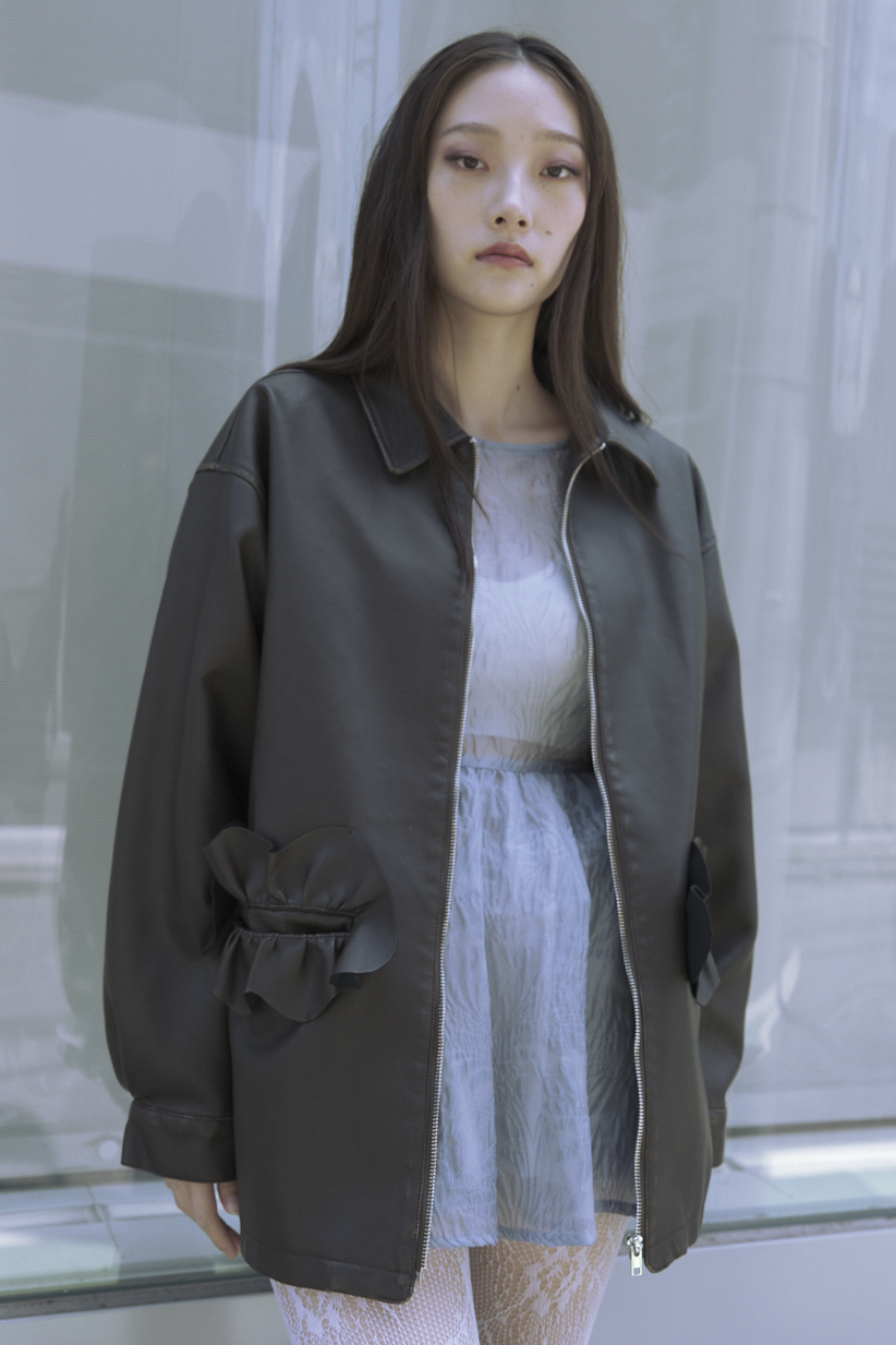 【HONEY MI HONEY】frill pocket leather like blouson