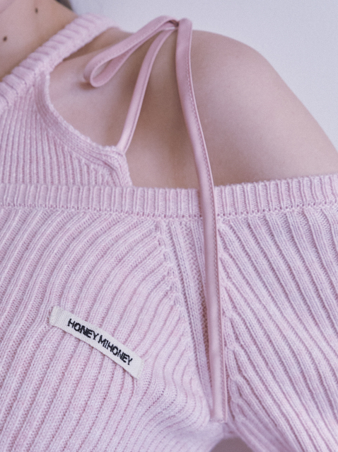 ハニーミーハニー elastic logo ロンT ピンク HONEY MI HONEY｜HONEYロゴハルターネックトップス｜肩リボンで魅せる