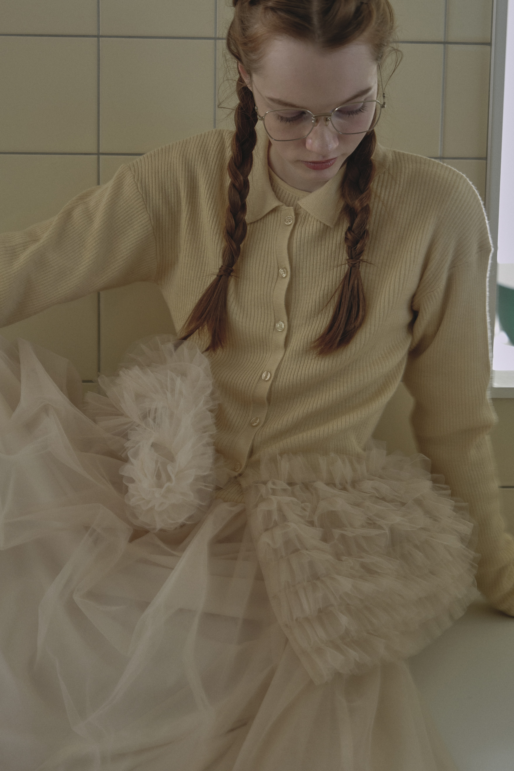 ハニーミーハニー tulle peplum polo knit cardigan HONEY MI HONEY｜チュールペプラムポロニットカーディガン｜大人