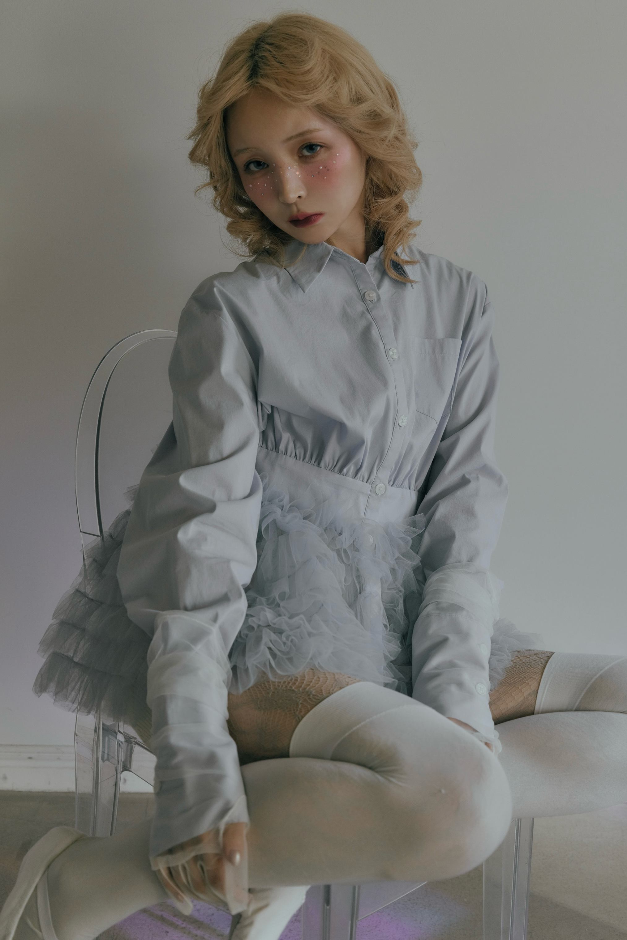 HONEY MI HONEY｜チュールペプラムシャツ｜ふんわりチュールで魅せる