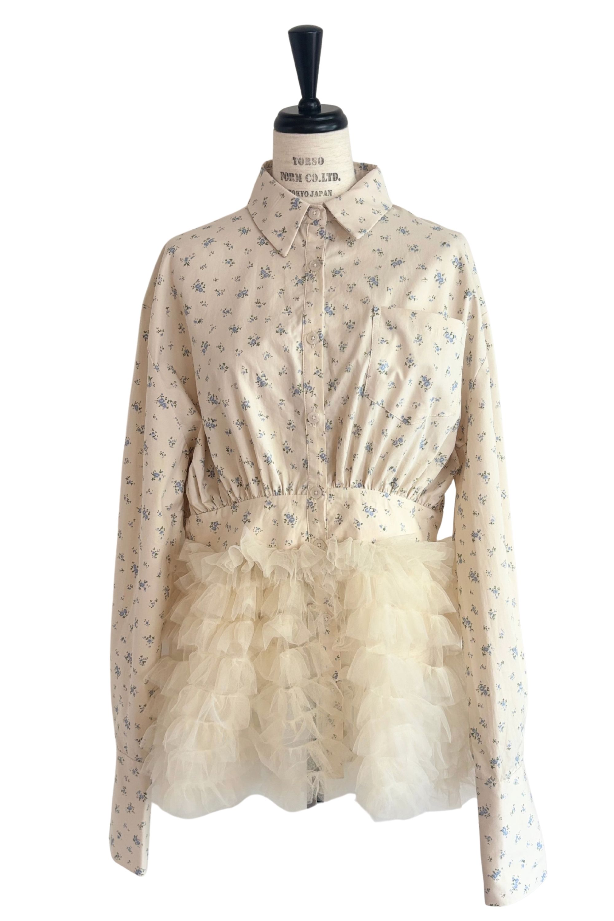 HONEY MI HONEY｜チュールペプラムシャツ｜ふんわりチュールで魅せる