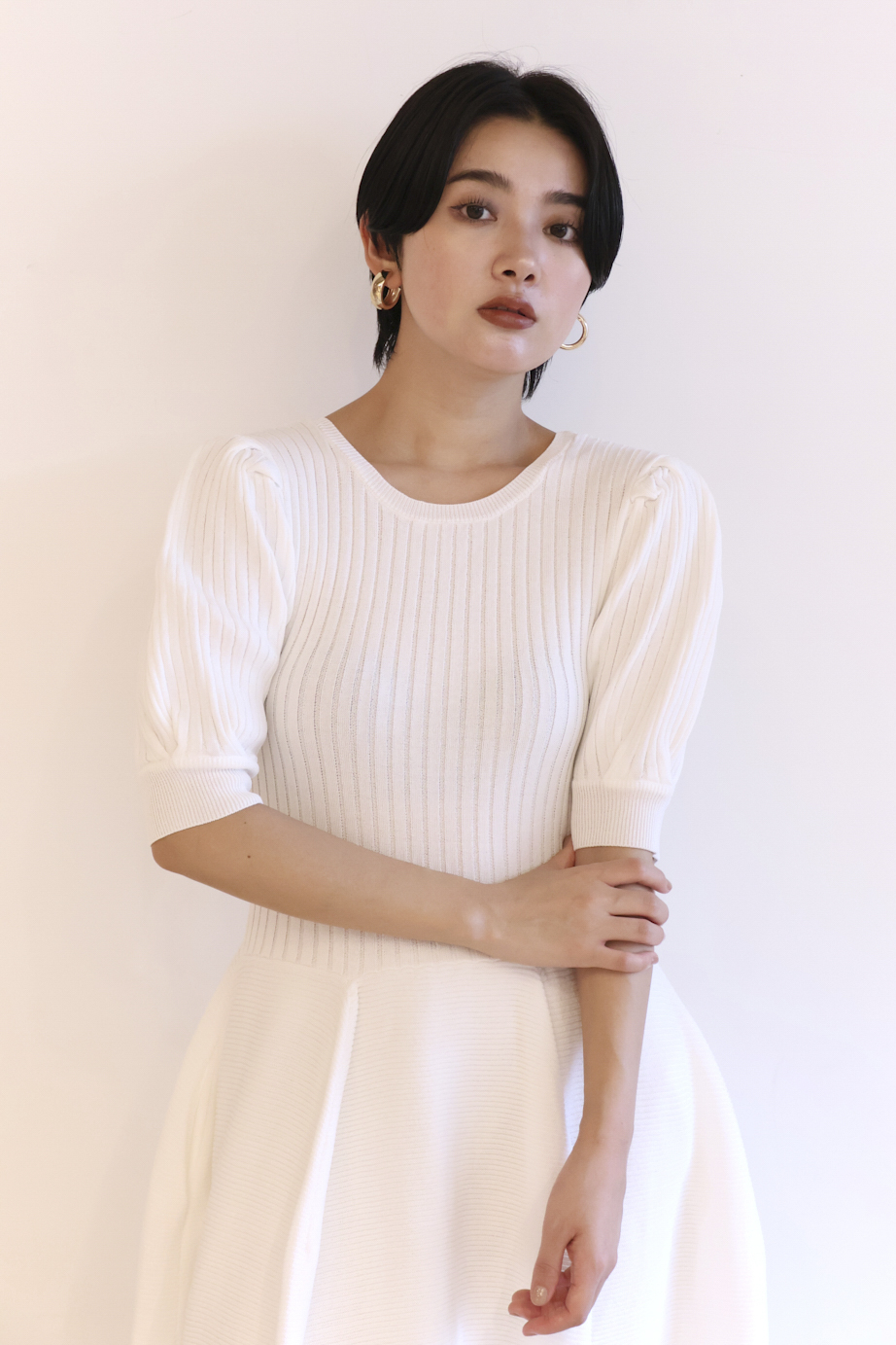 HONEY MI HONEY｜puff sleeve rib knit one-piece｜パフスリーブの