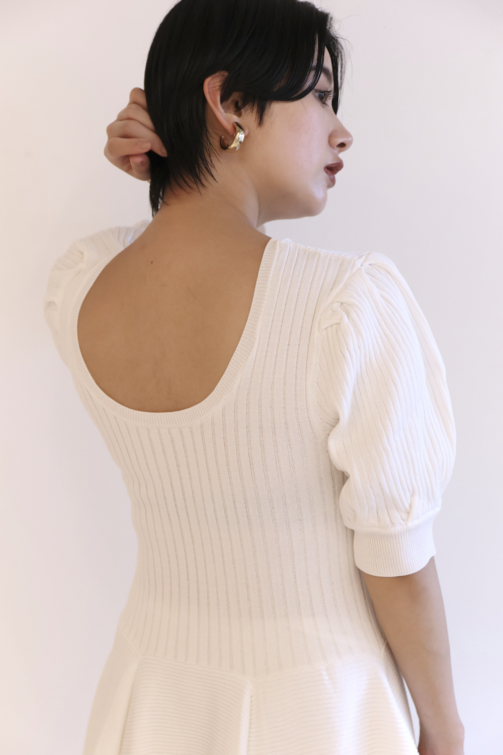 HONEY MI HONEY｜puff sleeve rib knit one-piece｜パフスリーブの