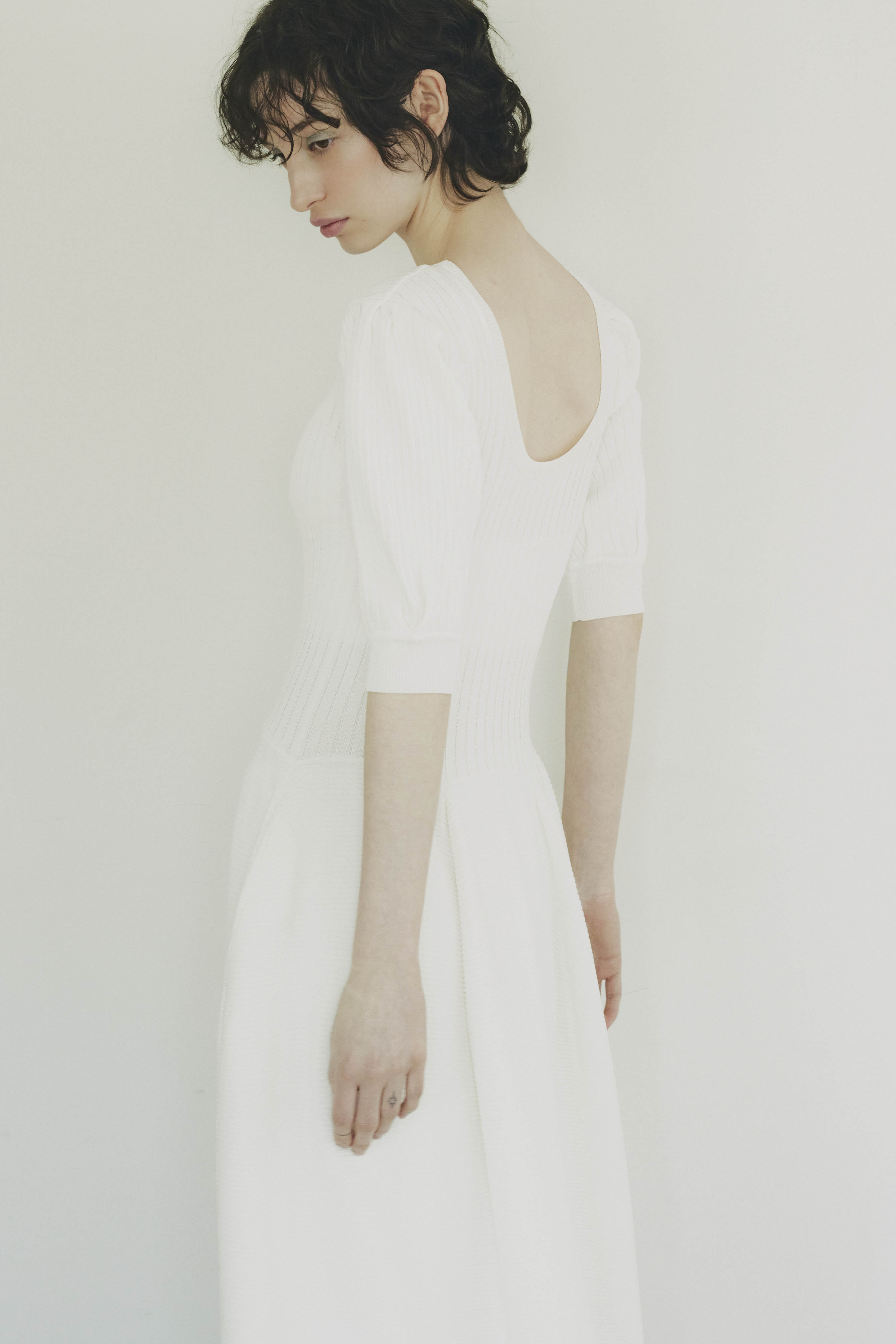 HONEY MI HONEY｜puff sleeve rib knit one-piece｜パフスリーブの