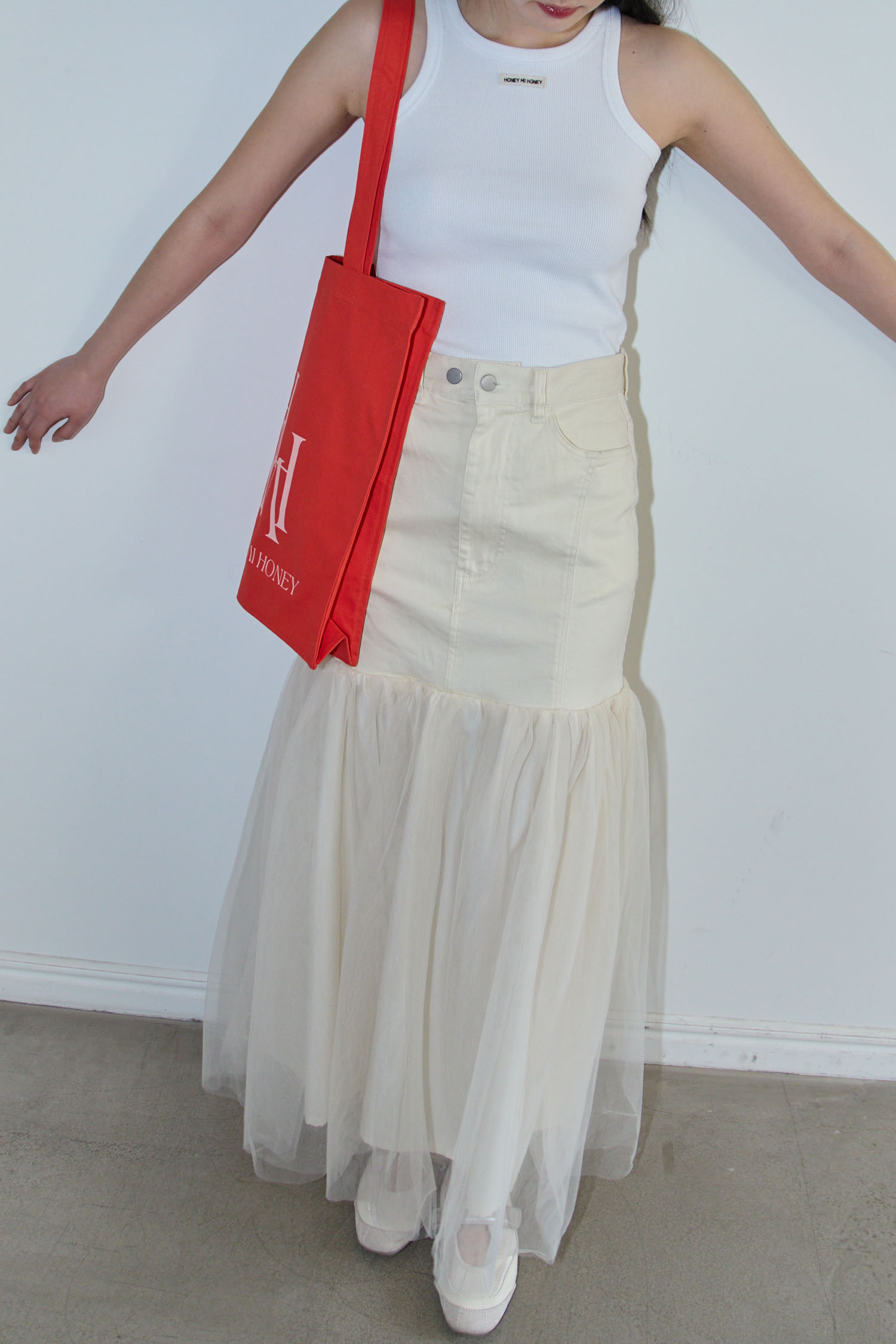 HONEY MI HONEY｜denim tulle skirt｜デニム×チュールでメリハリシルエット