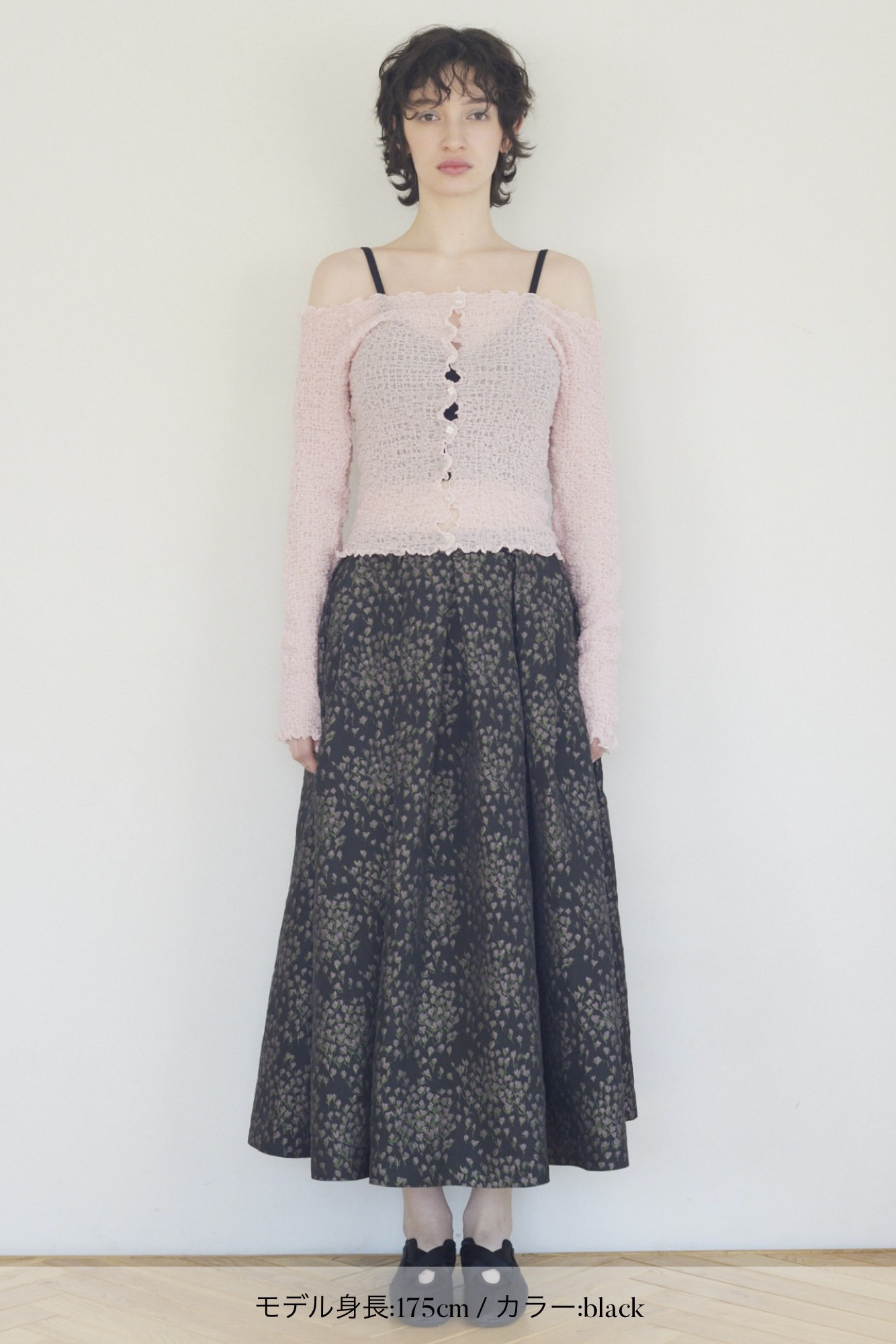 スカート HONEY MI HONEY taffetaribbondrapeskirt HONEY MI HONEY｜taffeta jacquard long skirt｜上品小花柄のタフタ