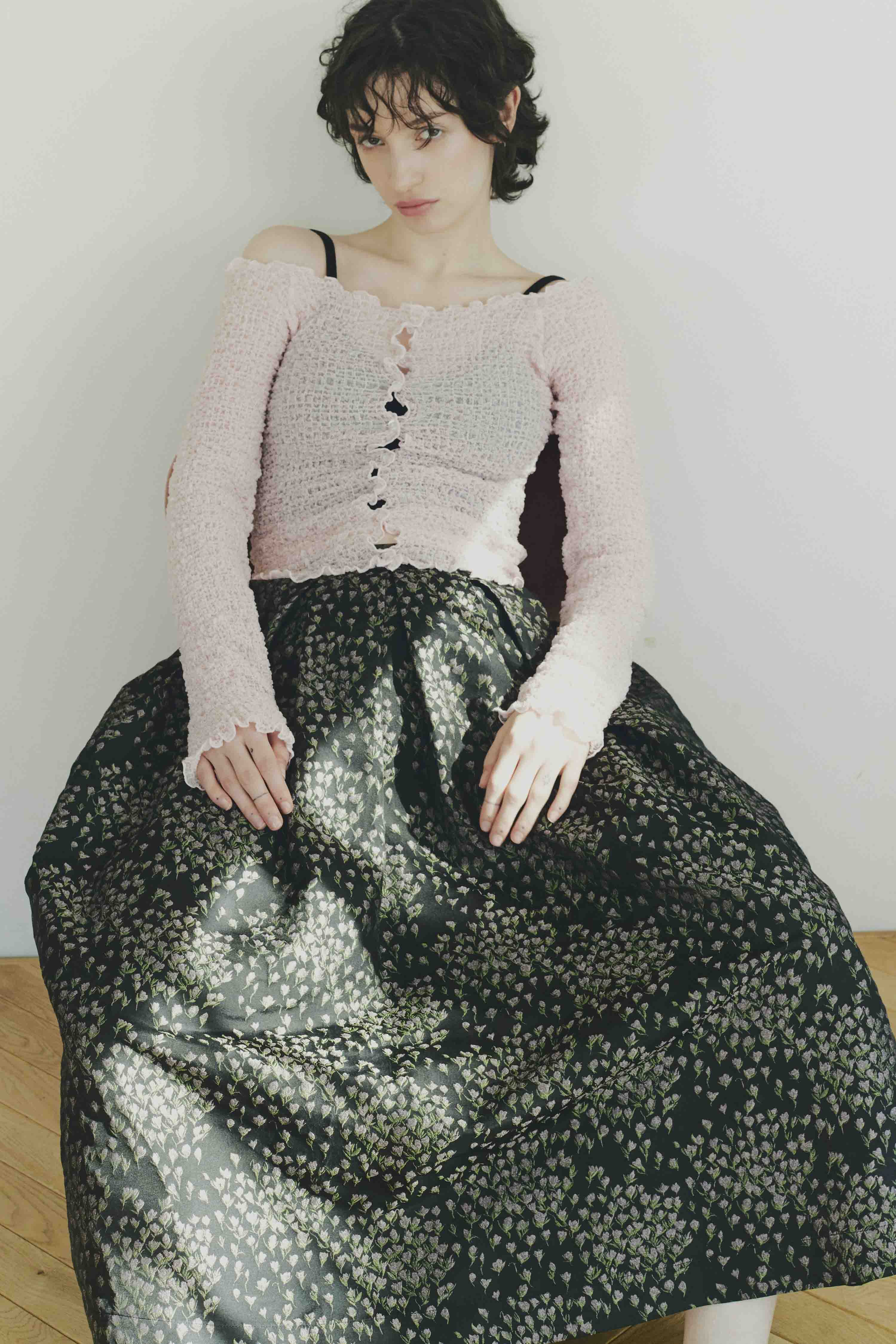 HONEY MI HONEY｜taffeta jacquard long skirt｜上品小花柄のタフタ