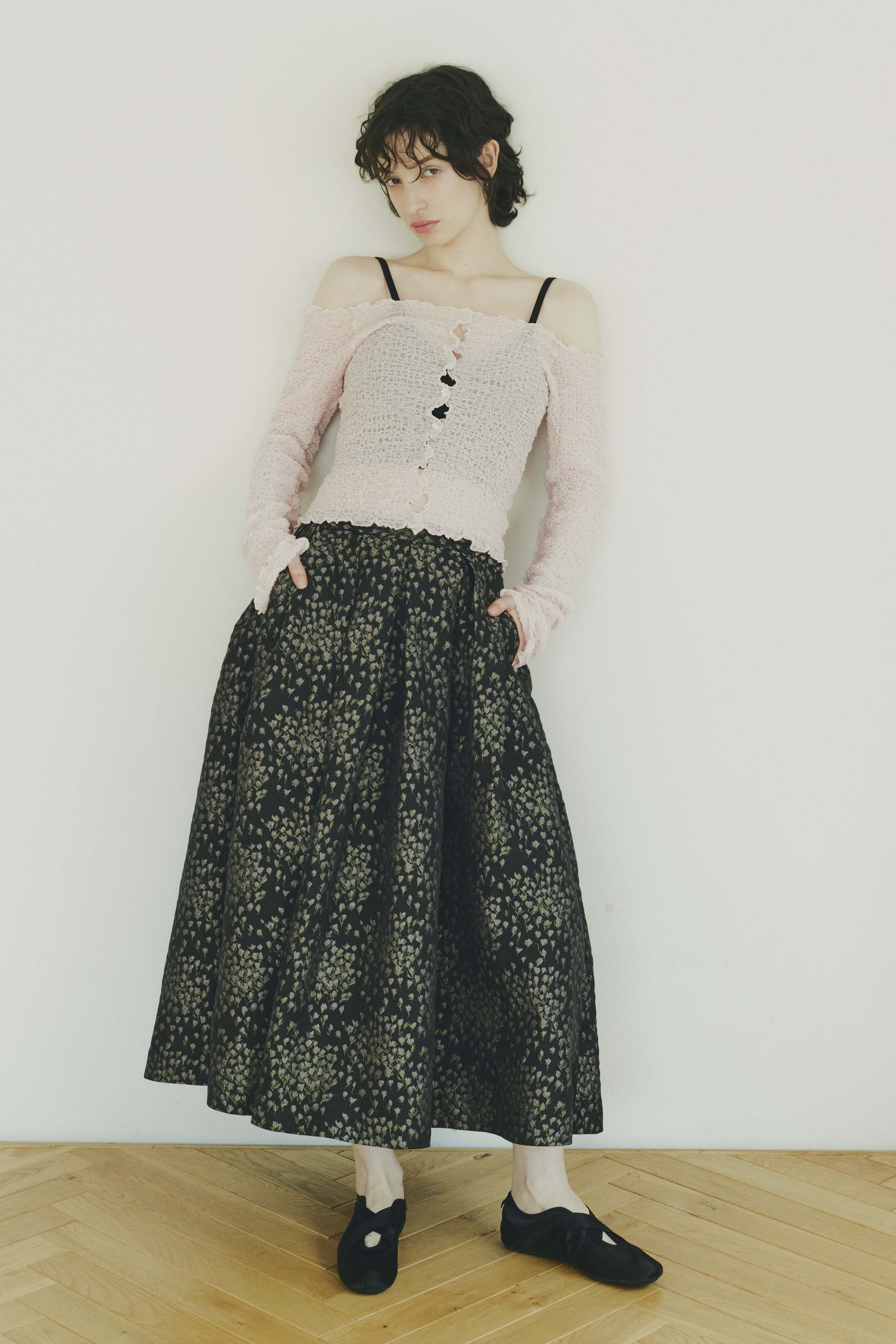 HONEY MI HONEY｜taffeta jacquard long skirt｜上品小花柄のタフタ