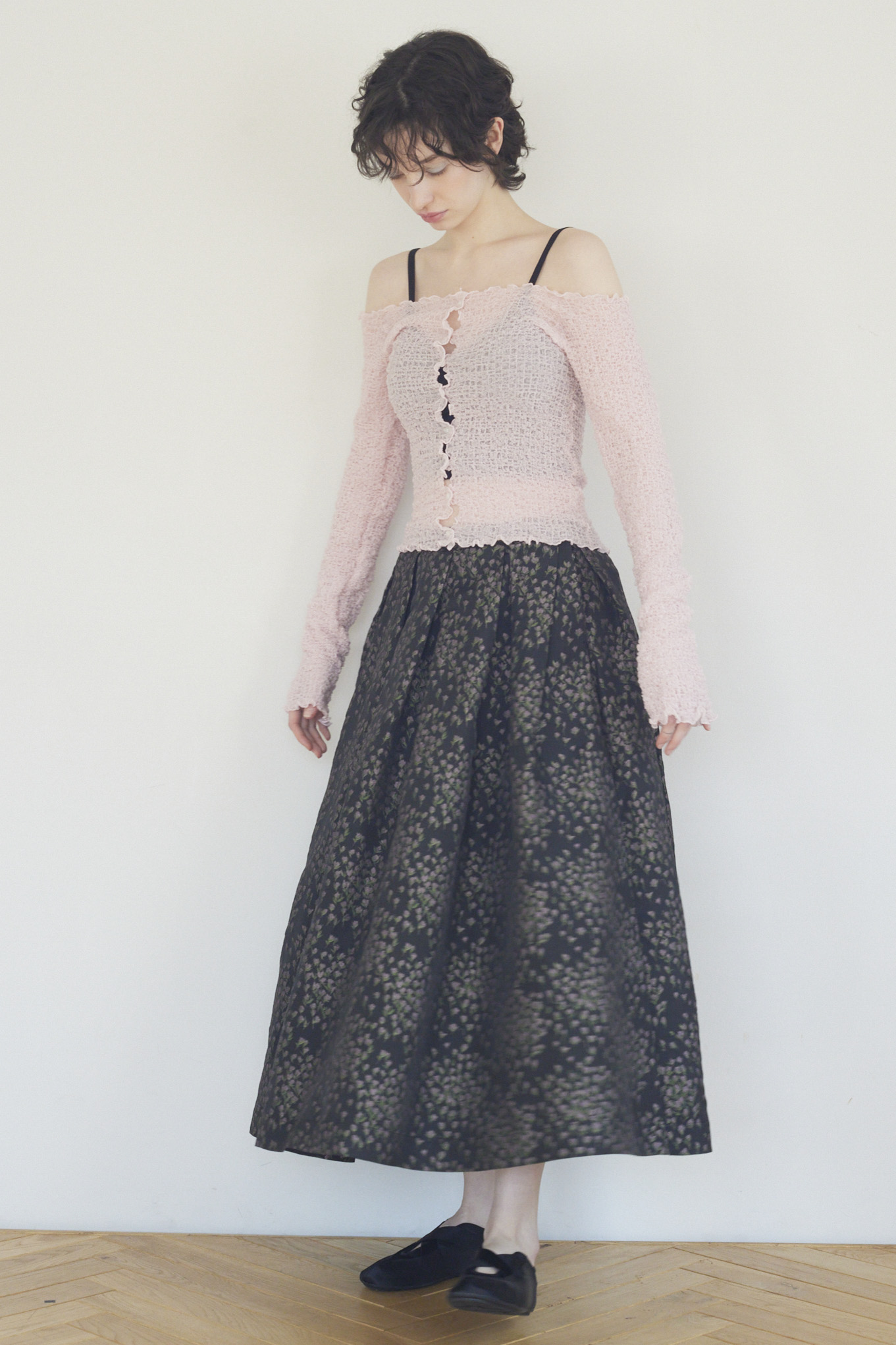 HONEY MI HONEY｜taffeta jacquard long skirt｜上品小花柄のタフタ