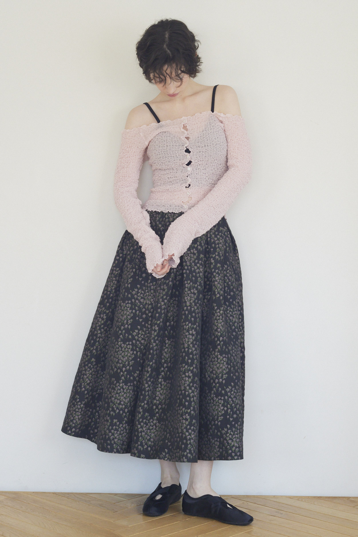HONEY MI HONEY｜taffeta jacquard long skirt｜上品小花柄のタフタ
