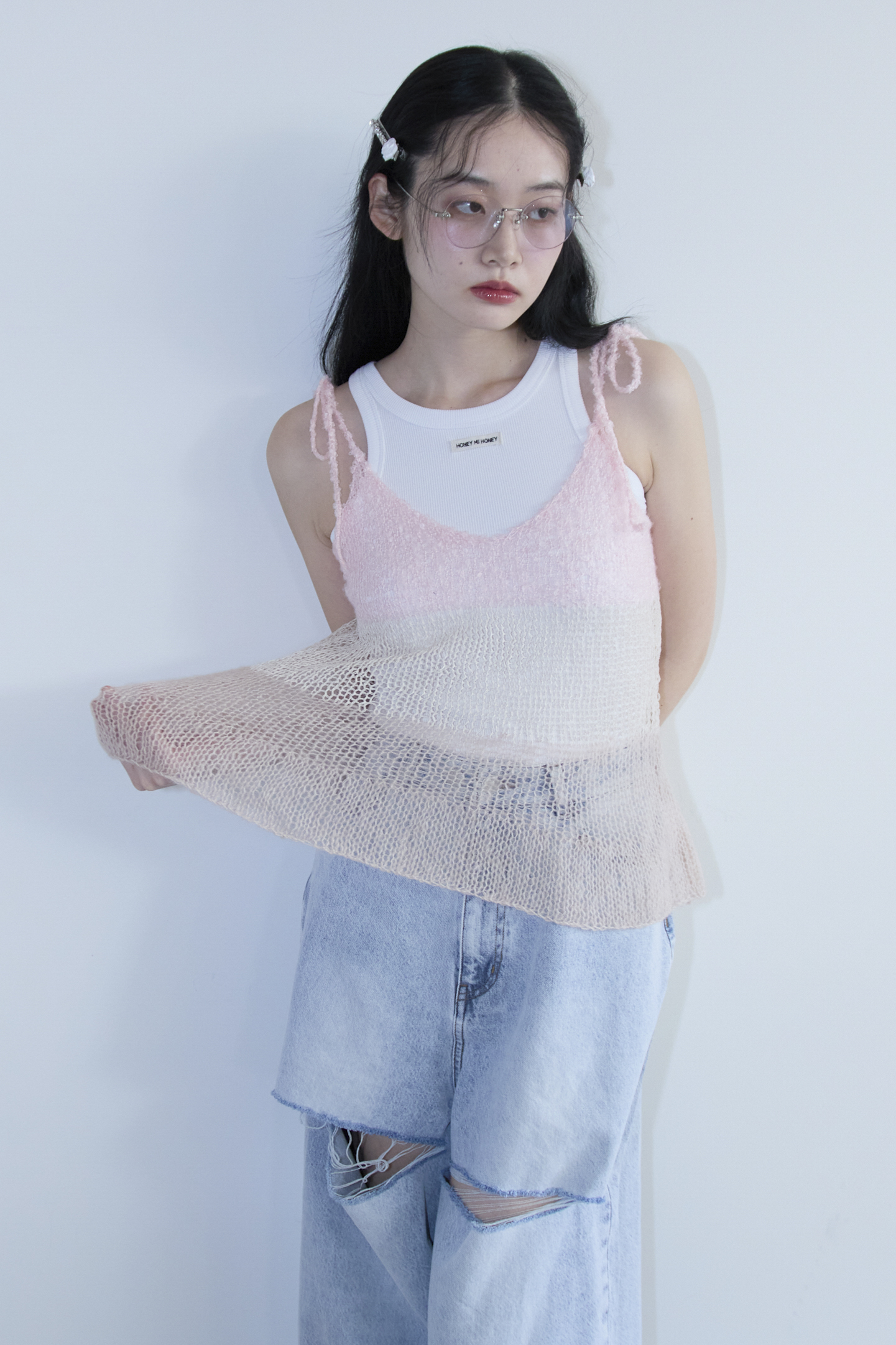 HONEY MI HONEY｜クロシェボーダーキャミソール｜涼しげな鍵編み 