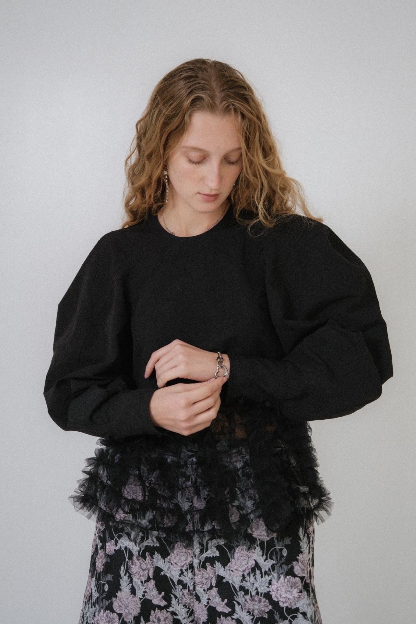 【HONEY MI HONEY】tulle frill peplum blouse