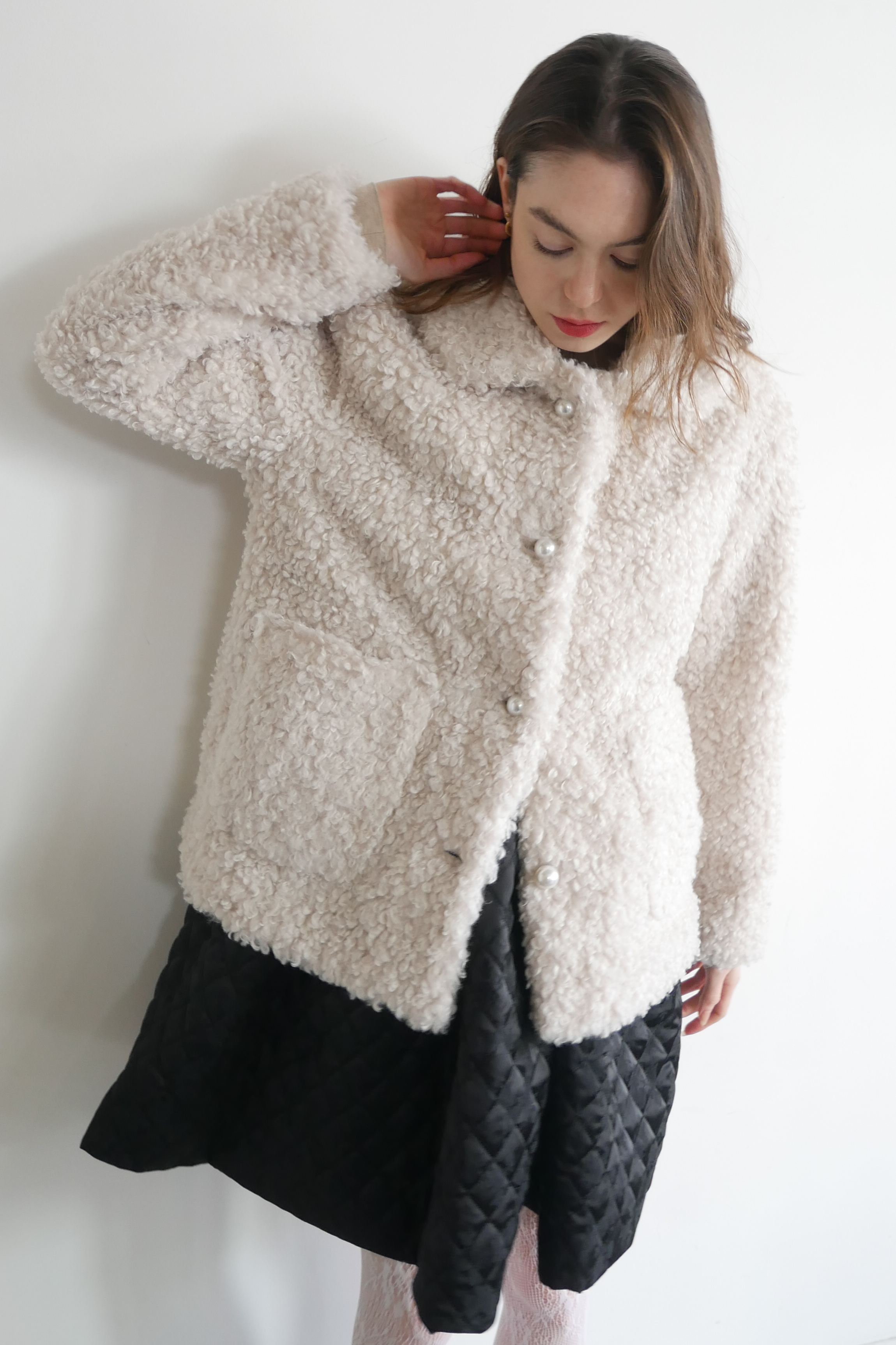 HONEY MI HONEY｜パールボタン付きボアジャケット｜大人可愛い冬アウター