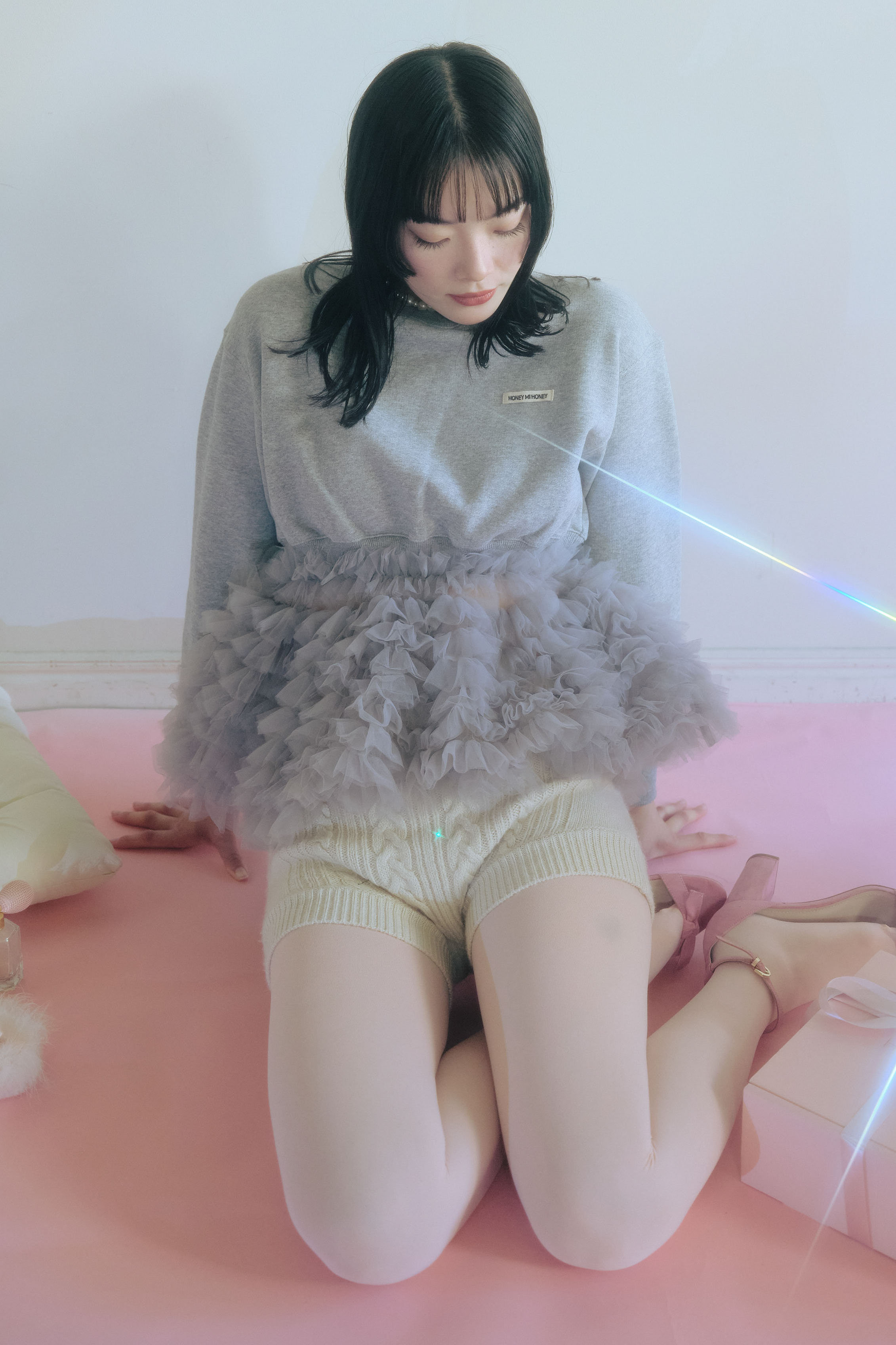 HONEY MI HONEY｜ケーブルニットショートパンツ｜大人可愛い冬ボトム