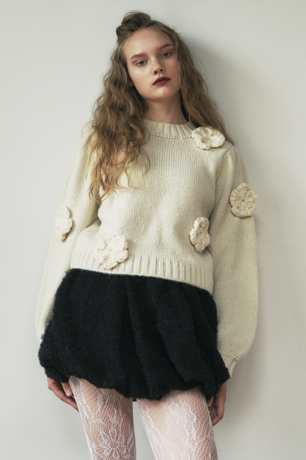 HONEY MI HONEY｜立体フラワーニット｜レディース パフスリーブセーター