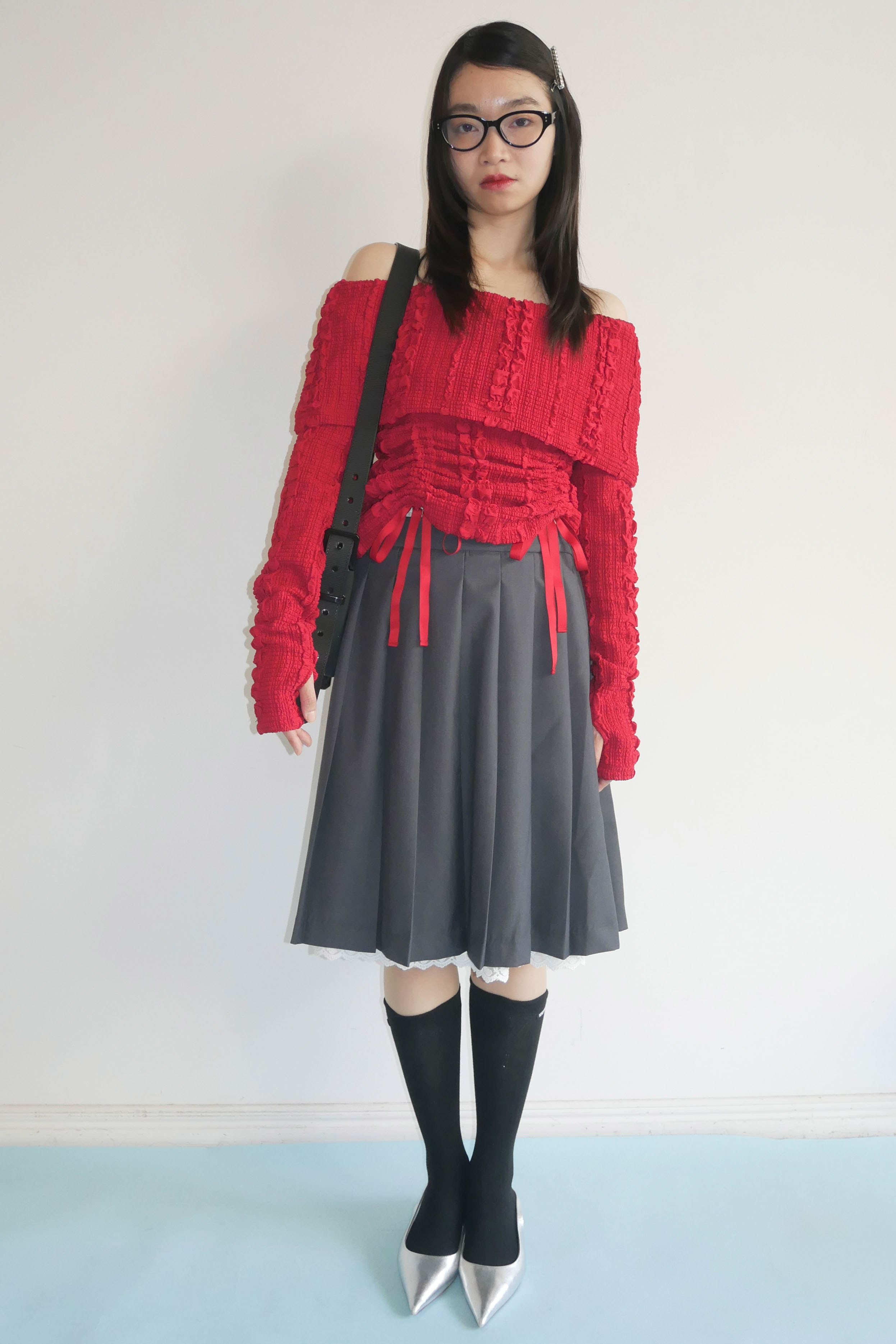 SOWANWANコラボ｜lace frill knee-length pleated skirt