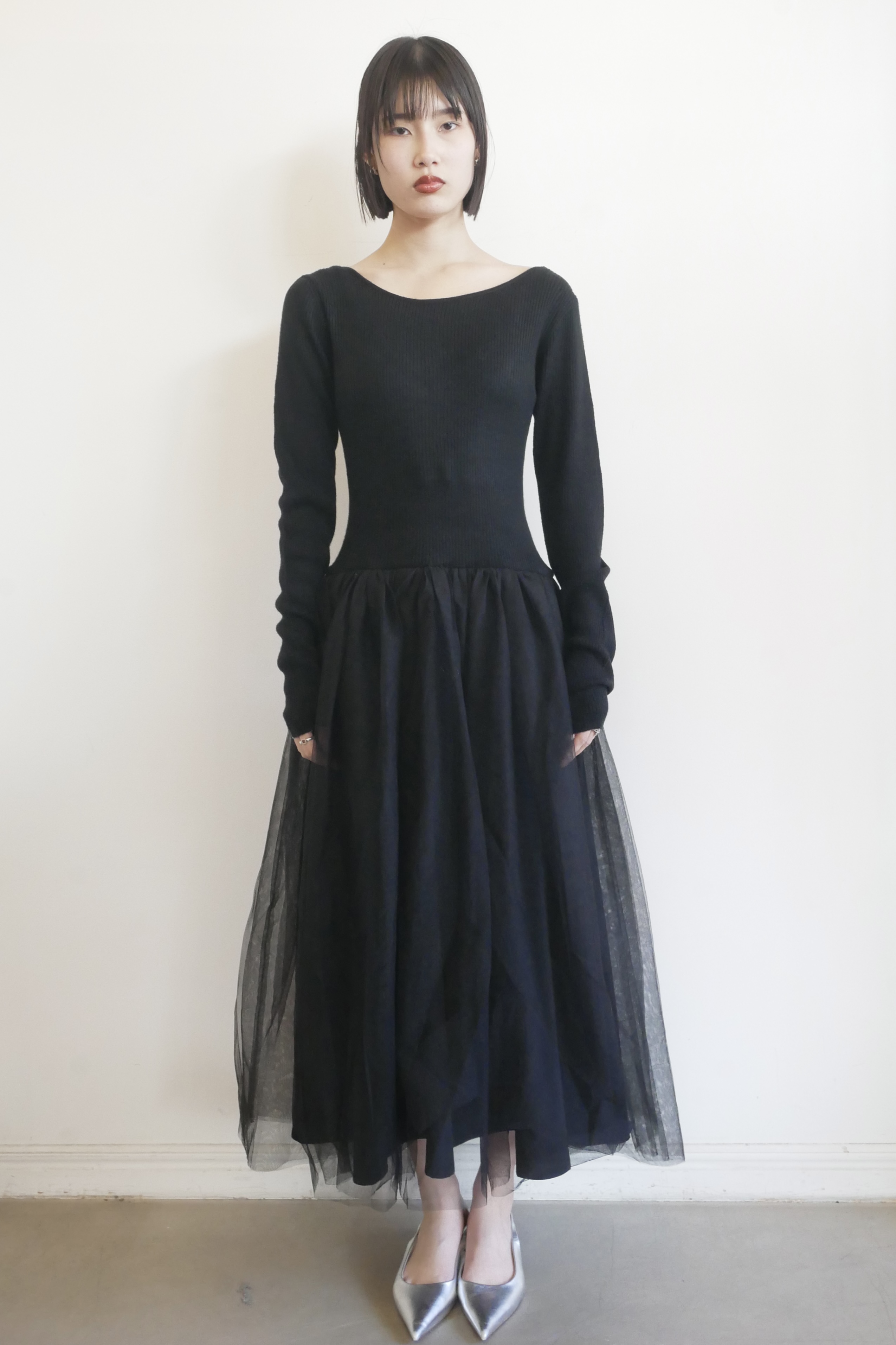 HONEY MI HONEY｜リブニットボリュームチュールワンピース｜異素材