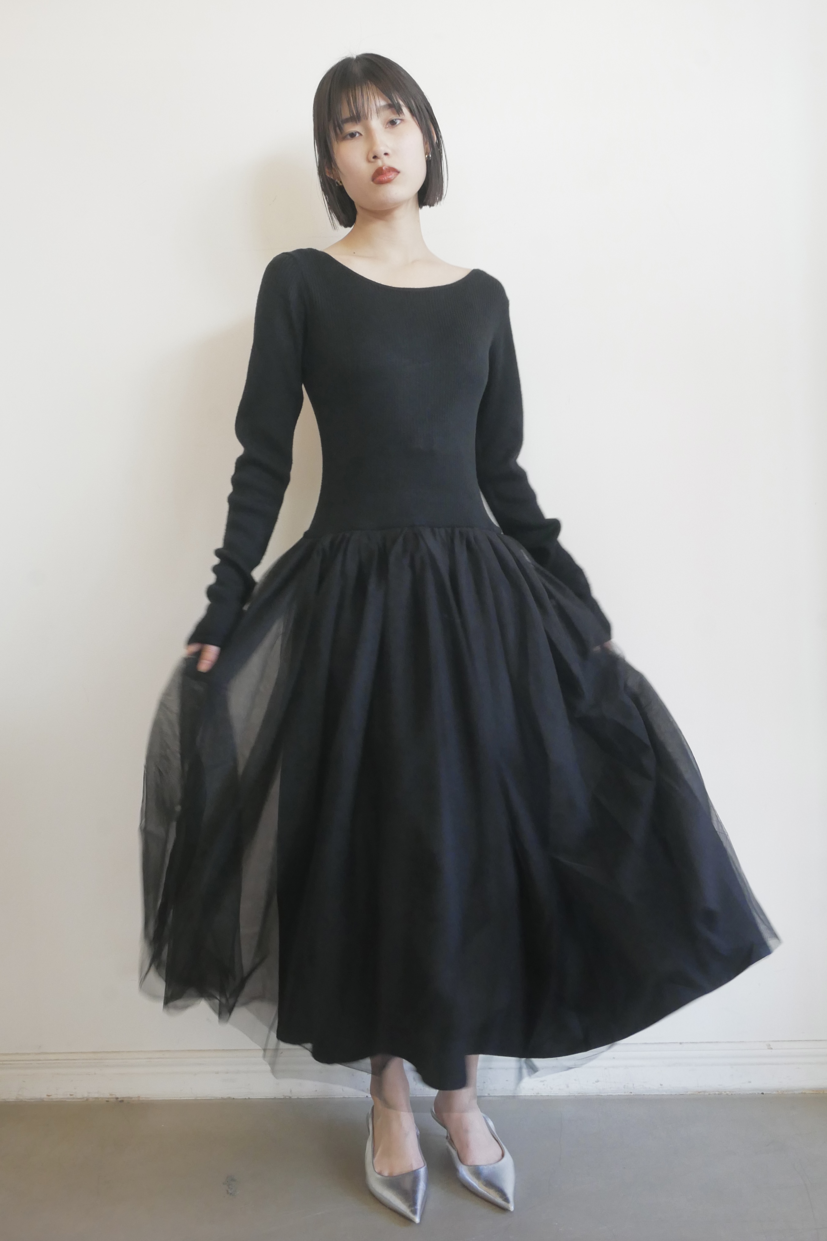 HONEY MI HONEY｜リブニットボリュームチュールワンピース｜異素材