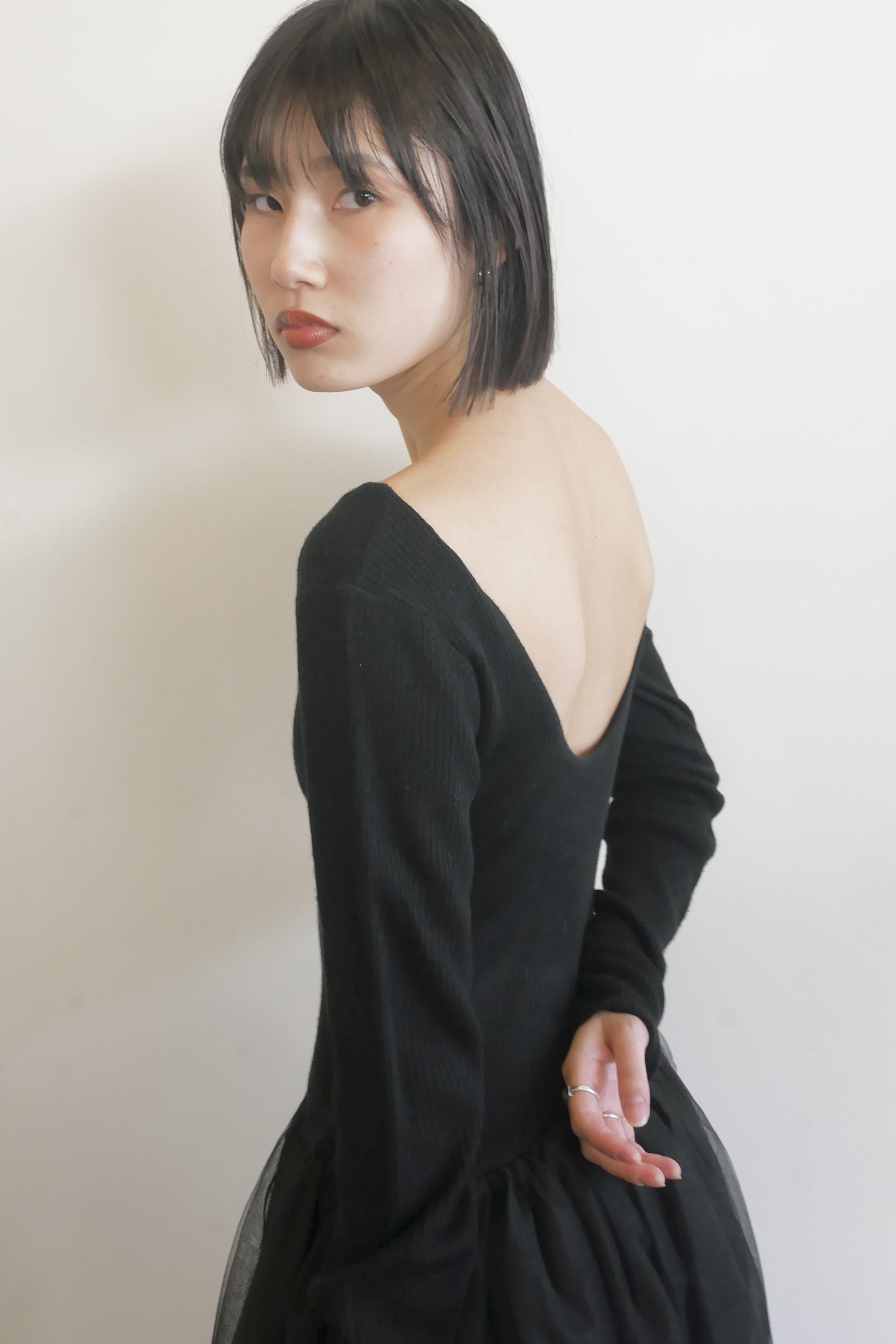 HONEY MI HONEY｜リブニットボリュームチュールワンピース｜異素材