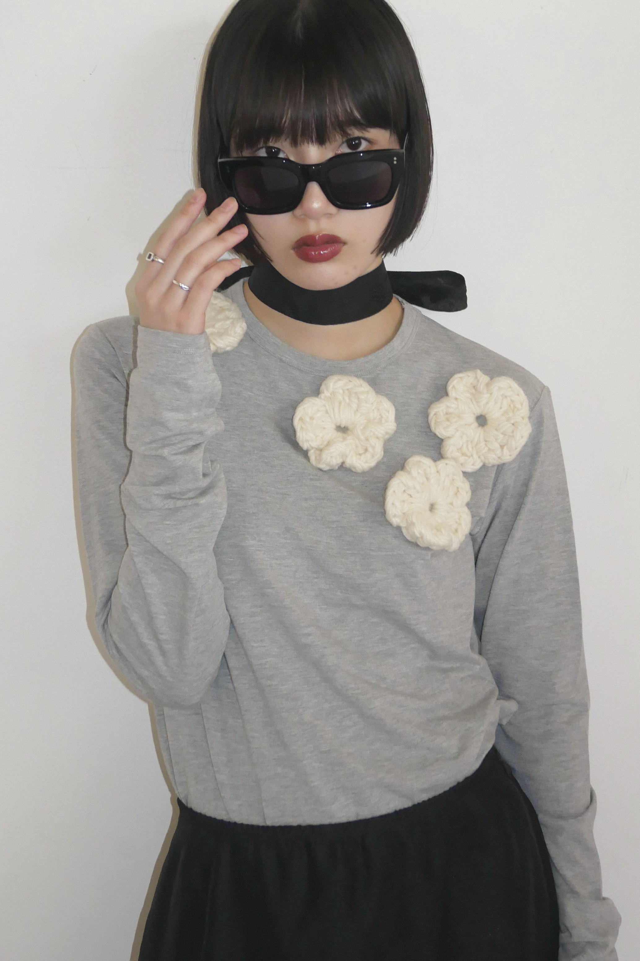 HONEYMIHONEY リップ柄シャツ HONEY MI HONEY｜flower long t-shirt｜フラワーニットフラワーロングT