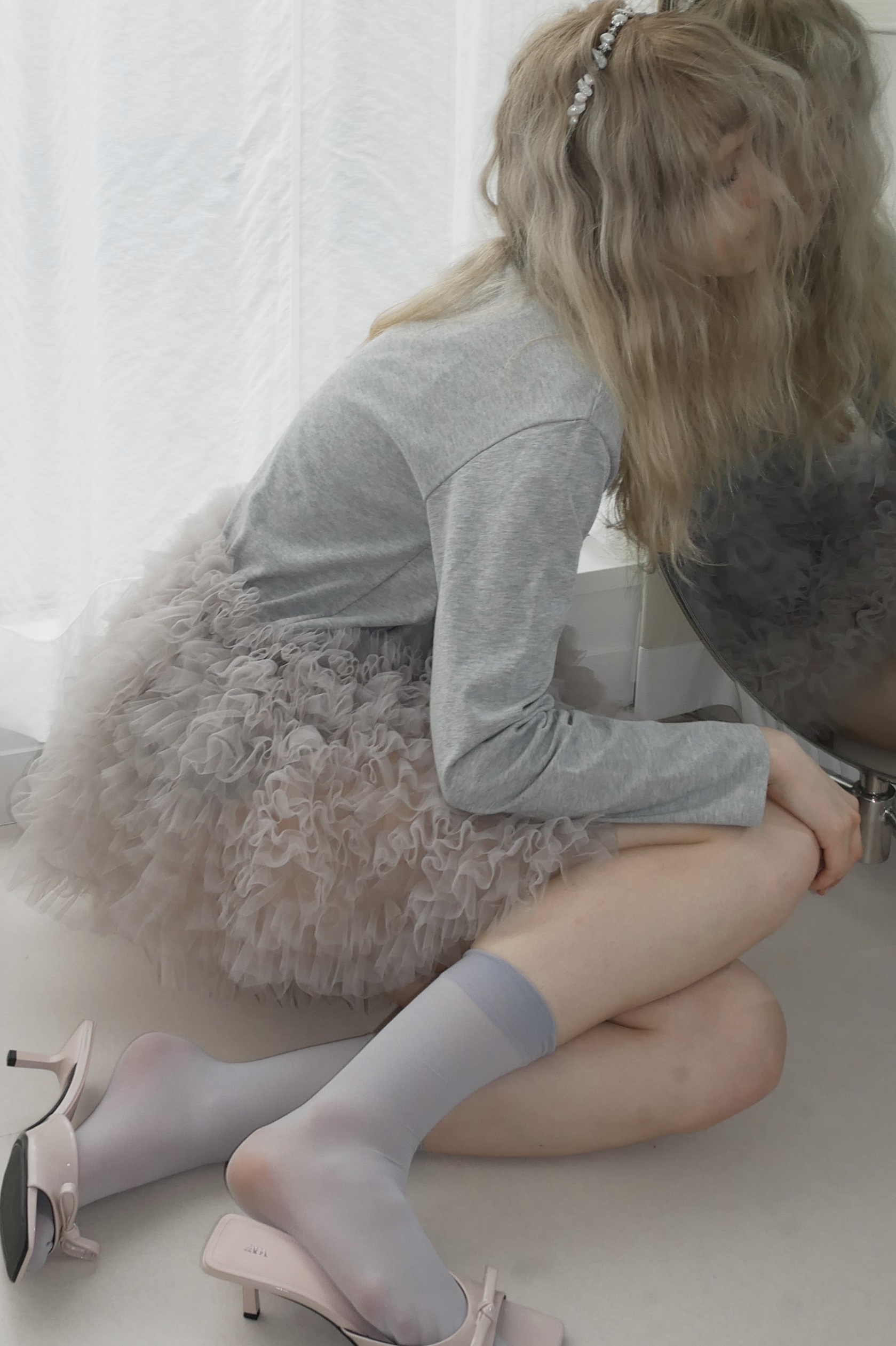 【HONEY MI HONEY】tulle peplum tunic long t-shirt